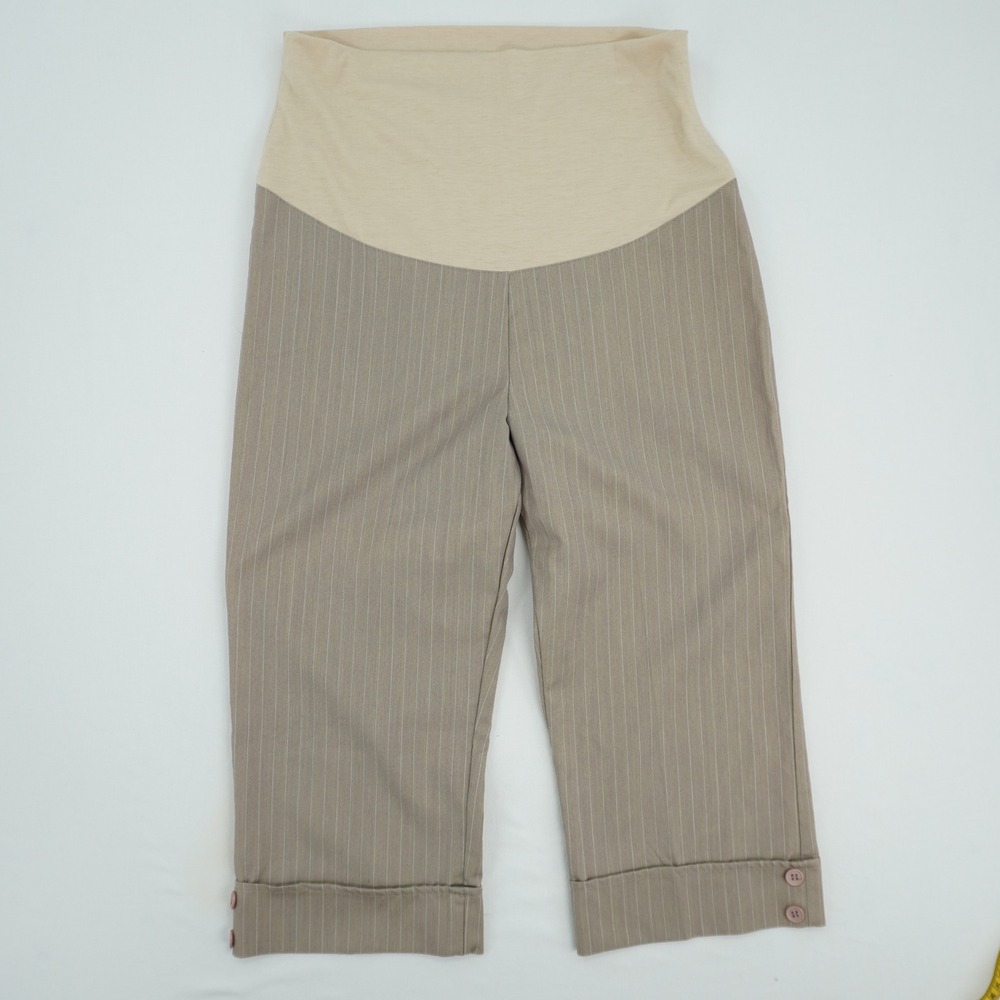 Valia Maternity Capri Pants Tan Pinstripe Over Belly Cuffed Button Hem Size M